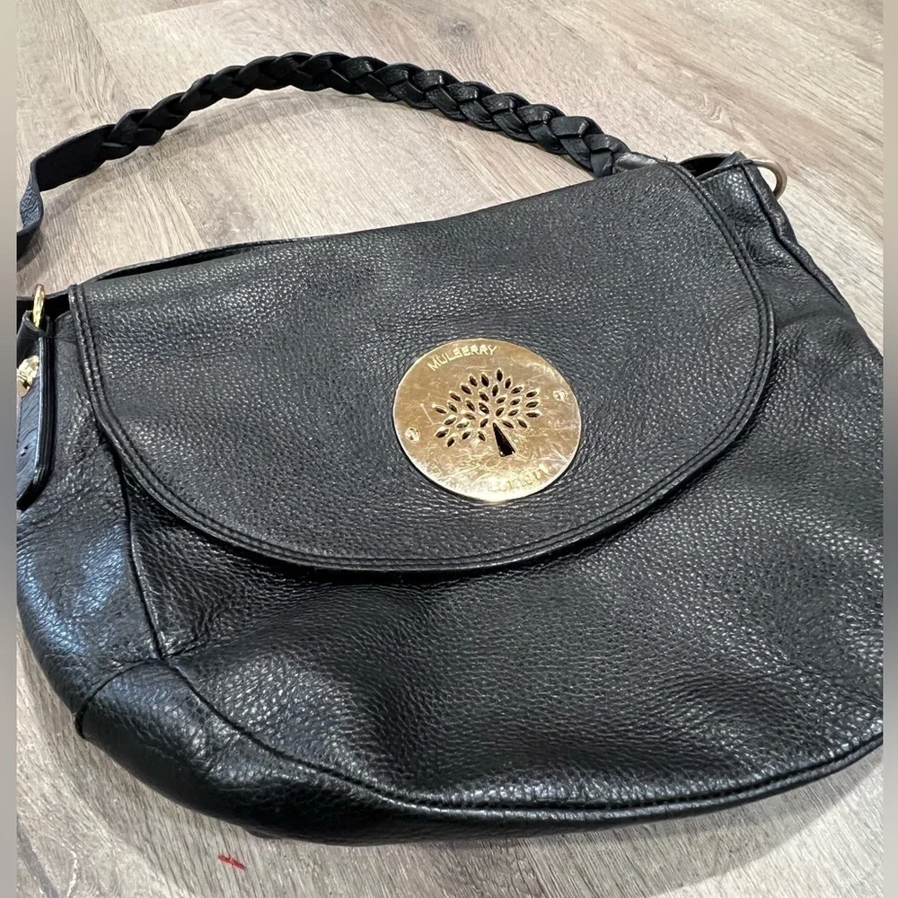 Mulberry Vintage Black Pebble Leather Gold Accent Woven Strap Satchel Bag Purse